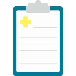 Blue clipboard with white paper, gray lines, gray clip, and yellow medical cross