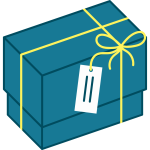 Teal package with dark blue outline, white tag, and thin yellow ribbon