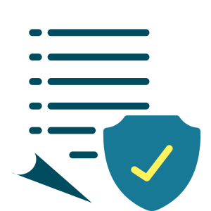 Dark blue lines on white paper and a shield with a yellow check mark in the middle